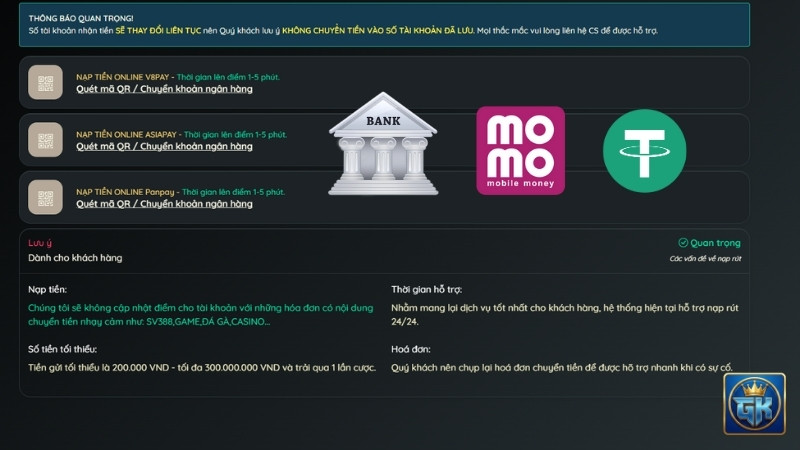 Các phương thức nạp tiền đa dạng tại GAKING79