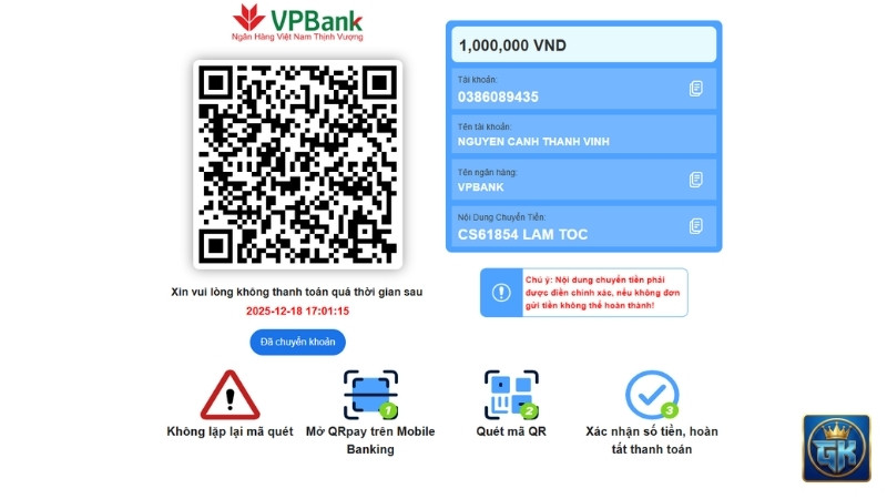 Quét mã QR để nạp tiền GAKING79 nhanh chóng