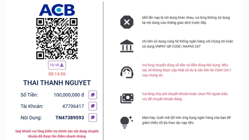 Hướng dẫn nạp tiền